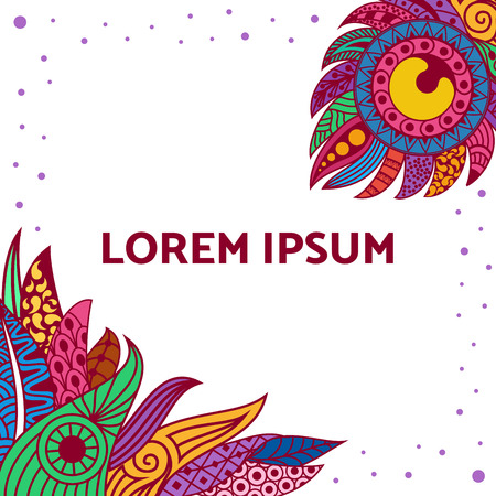 Hand drawn colored ornamental feather invitation on white background. A card with decorative feathers. Isolated illustration.のイラスト素材