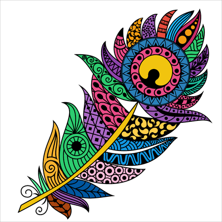 Hand drawn zentangle feather on white background. A card with decorative feathers. Isolated vector illustration.のイラスト素材