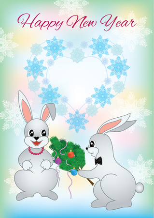 New Year greeting card with a two lovers rabbit. Christmas card with nice cartoon character. Winter romantic greeting card. Vector illustration.のイラスト素材
