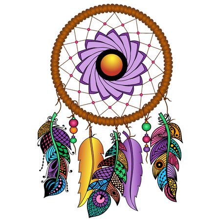 Hand drawn Native American Indian talisman colored dreamcatcher with feathers and moon. Vector hipster illustration isolated on white. Ethnic design, boho chic, tribal symbol.のイラスト素材