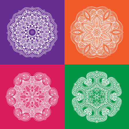Set of White Mandala on the Color Backgrounds. Vector illustration. Can be used for fabrics, wallpapers, wrapping design, scrap-booking, web sites, flyers, invitationのイラスト素材