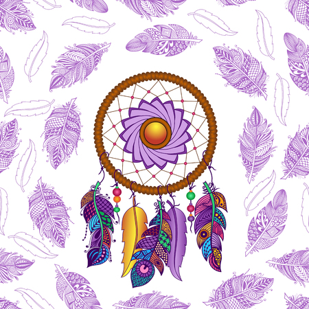 Hand drawn Native American Indian talisman colored dreamcatcher with feathers and moon. Vector hipster seamless pattern. Isolated on white background. Ethnic design, boho chic, tribal symbol.のイラスト素材