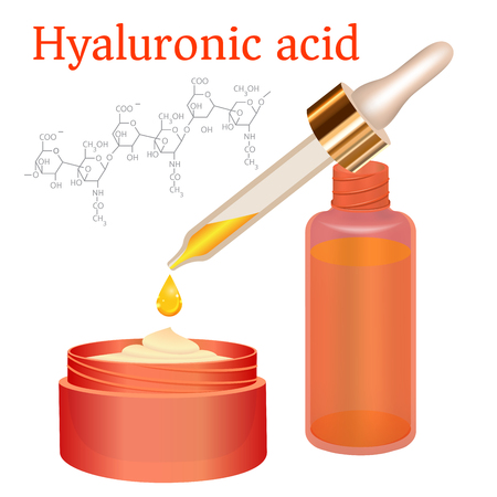 Hyaluronic Acid Cream and Emulsion with Drop. Collagen Serum Skin Care Cosmetic. Chemical Formula. red Bottles on White Background. Vector illustration. Medicine Banner, Poster, Cosmetics Advertisingのイラスト素材