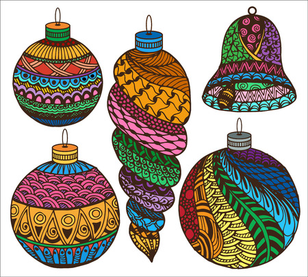 Zentangle christmas collection. Sketch by trace. Hand written ethnic floral doodle. Zendoodle vector design elements. Christmas set for coloring book, coloring page, antistress drawingのイラスト素材