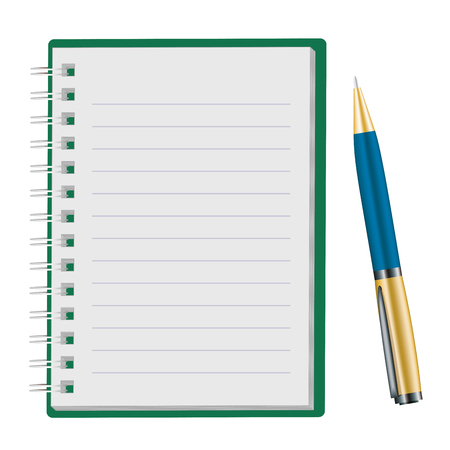 Opened notepad with pen isolated on white background, Sketchbook, to-do list, coloring book or diary mockup. Vector illustration.のイラスト素材