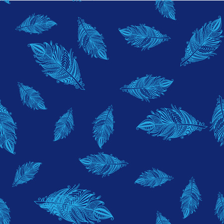 Seamless pattern with Rustic Ethnic decorative feathers, endless navy color background. Hand drawn vintage vector design. Vector Sketch illustration. Vintage Tribal and Decorative feathers.のイラスト素材