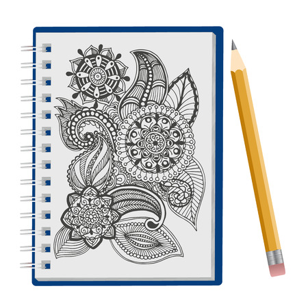 Opened notepad with hand drawn floral ornament and pen isolated on white background, Sketchbook, to-do list, coloring book or diary mockup. Vector illustration.のイラスト素材