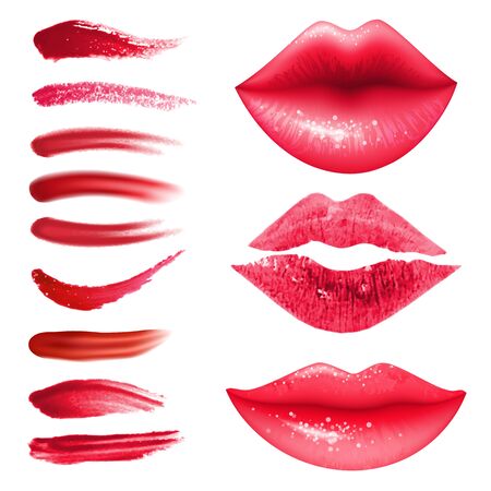 Realistic lipstic smears and lips vector setのイラスト素材