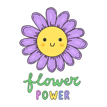 Colorful hand drawn doodle smiling flower with Flower Power lettering.のイラスト素材