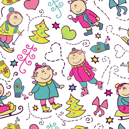 Christmas seamless pattern with doodle funny children, winter recreationのイラスト素材