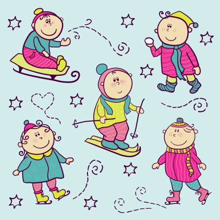 Christmas vector set with doodle funny children, winter recreation.のイラスト素材