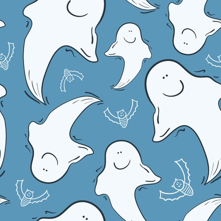 Halloween seamless pattern with smiling ghosts and bats, vector illustrationのイラスト素材