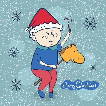 Little boy with toy horse, vector christmas illustrationsのイラスト素材