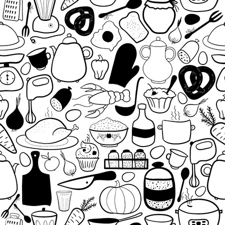 Black-white vector kitchen seamless pattern, food and cutleryのイラスト素材