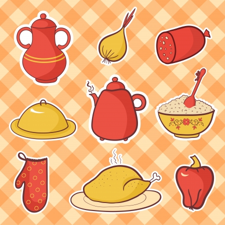 Retro kitchen set food, cartoon vector elementsのイラスト素材