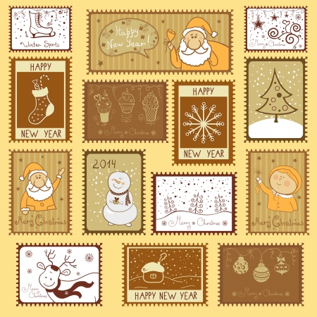 Postal stamps with Christmas illustration, vector setのイラスト素材