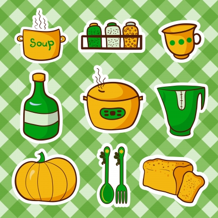 Retro kitchen set food, cartoon vector elementsのイラスト素材