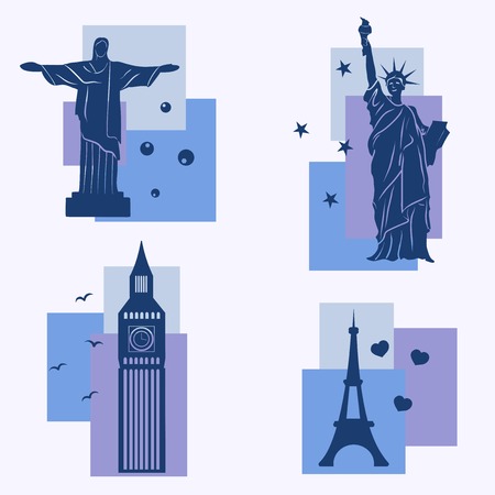 Different world landmarks illustration, vector icons setのイラスト素材