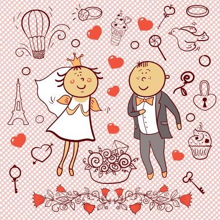 Romantic wedding collection, cartoon newlyweds,  cartoon vector setのイラスト素材