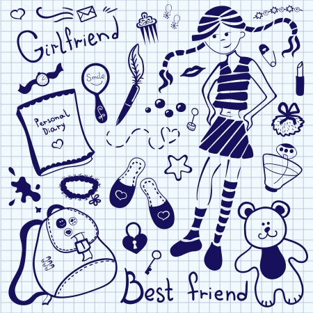 A set of accessories and things of a young girl, drawing pen on notebook sheetのイラスト素材