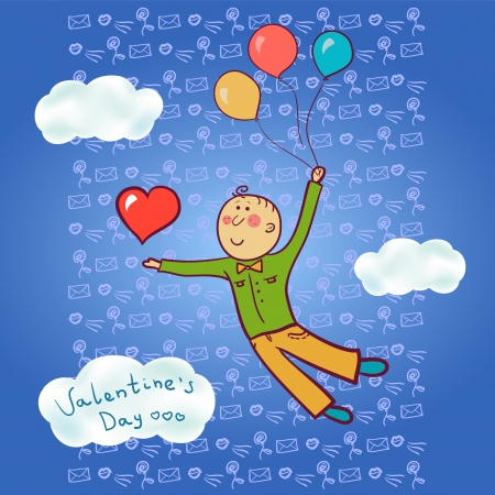 A man in love is flying in balloons, Valentine's Dayのイラスト素材