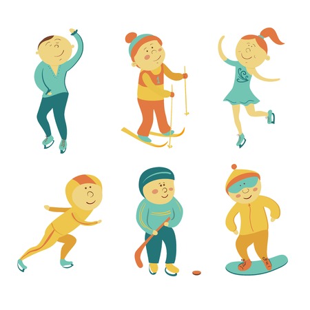 Winter sports set, vector athletes in cartoon styleのイラスト素材
