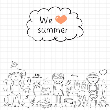 Beach graphic set with cartoon children, cute sea animals, accessories on the notebook sheet backgroundのイラスト素材