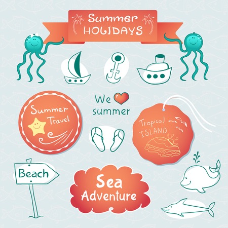 Beach graphic set with labels, inscriptions and sketch illustrationsのイラスト素材