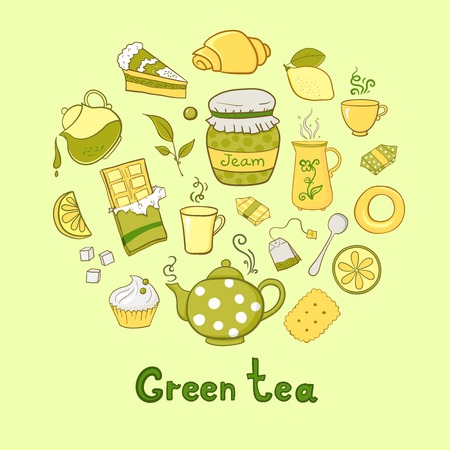 Tea and sweets icons set, isolated illustration in doodle styleのイラスト素材