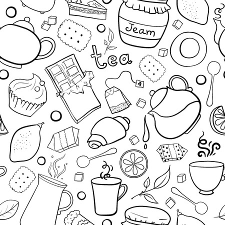 Tea and sweets black and white seamless pattern in doodle styleのイラスト素材