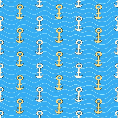 seamless pattern with colorful anchors on blue ocean background in doodle styleのイラスト素材
