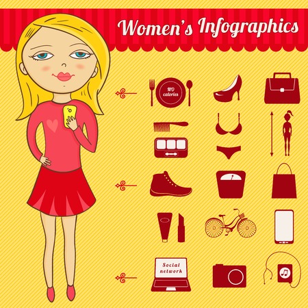 Modern woman\'s vector infographic set in colorful bright cartoon styleのイラスト素材