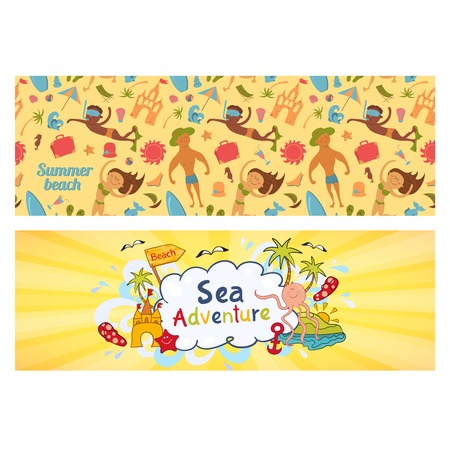 Summer holidays banners set,  templates for ilustration holiday on sea beach in doodle  styleのイラスト素材