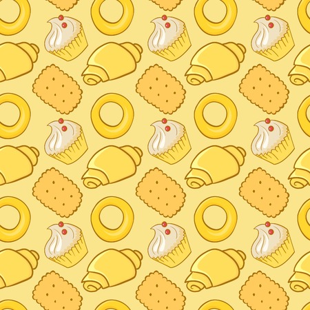 Seamless pattern delicious pastries, croissants, doodle-style, colorful food backgroundのイラスト素材