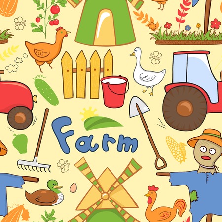 Vector seamless pattern cute farm elements in doodle styleのイラスト素材