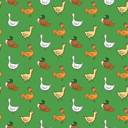 Funny seamless pattern with geese, ducks, cocks, chickens on green background, farm animals seamless patternのイラスト素材