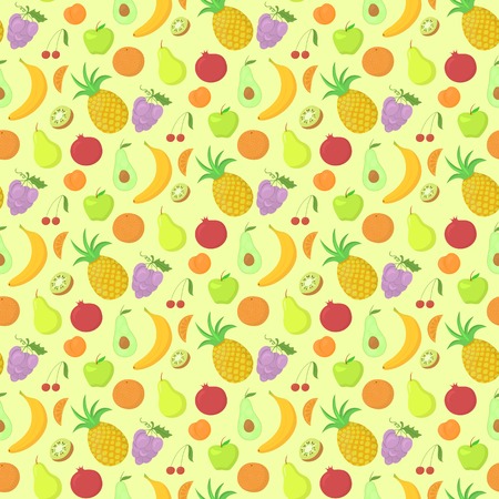 Fruit seamless pattern, vector background with great abundance of bright colorful fruit, perfect for kitchen wallpaper, wrapping paper, textilesのイラスト素材