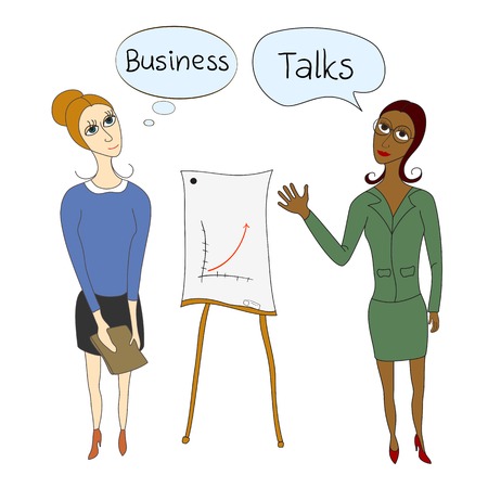 Business negotiations, business women in business suits standing beside presentation boards, colorful cartoon vector illustrationのイラスト素材