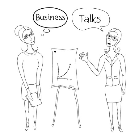 Business negotiations, business women in business suits standing beside presentation boards, black and white vector illustrationのイラスト素材