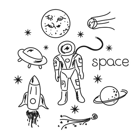 Space vector black and white objects line drawingのイラスト素材