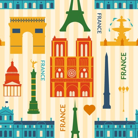 Landmarks of France, vector colorful cartoon seamless pattern in flat styleのイラスト素材