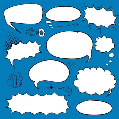 Set of empty graphic comics speech bubbles, vector templates clouds for text, white with black stroke on blue backgroundのイラスト素材