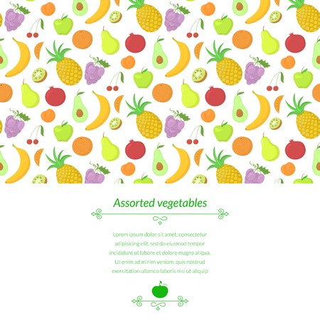 Fruit vector background with great abundance of bright colorful vegetables, with place for textのイラスト素材
