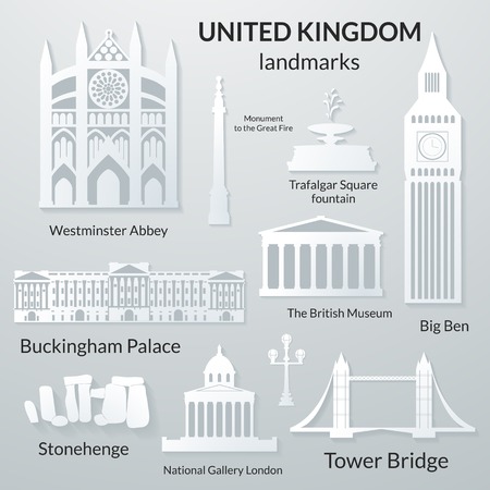 Landmarks of United Kingdom, vector 3D paper design icon setのイラスト素材