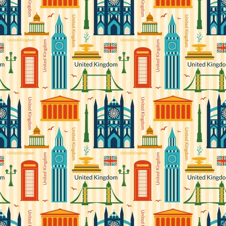 Seamless pattern with landmarks of United Kingdom, vector colorful cartoon flat objectsのイラスト素材