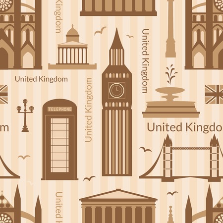 Seamless pattern with landmarks of United Kingdom, vector colorful cartoon flat objectsのイラスト素材