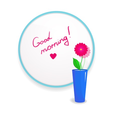 Inscription lipstick to wish good morning glued to mirror in the bathroom with flower in vase to the fore, a beautiful vector illustration of upliftingのイラスト素材