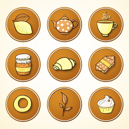 Set round icons tea and sweets objects in cartoon stylesのイラスト素材