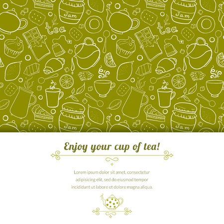 Tea and sweets vector background in doodle style with place for text, template for use as packaging, fabric, paper,のイラスト素材