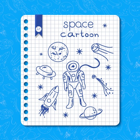 Cosmos vector background with childrens drawings on a sheet torn from a notebookのイラスト素材